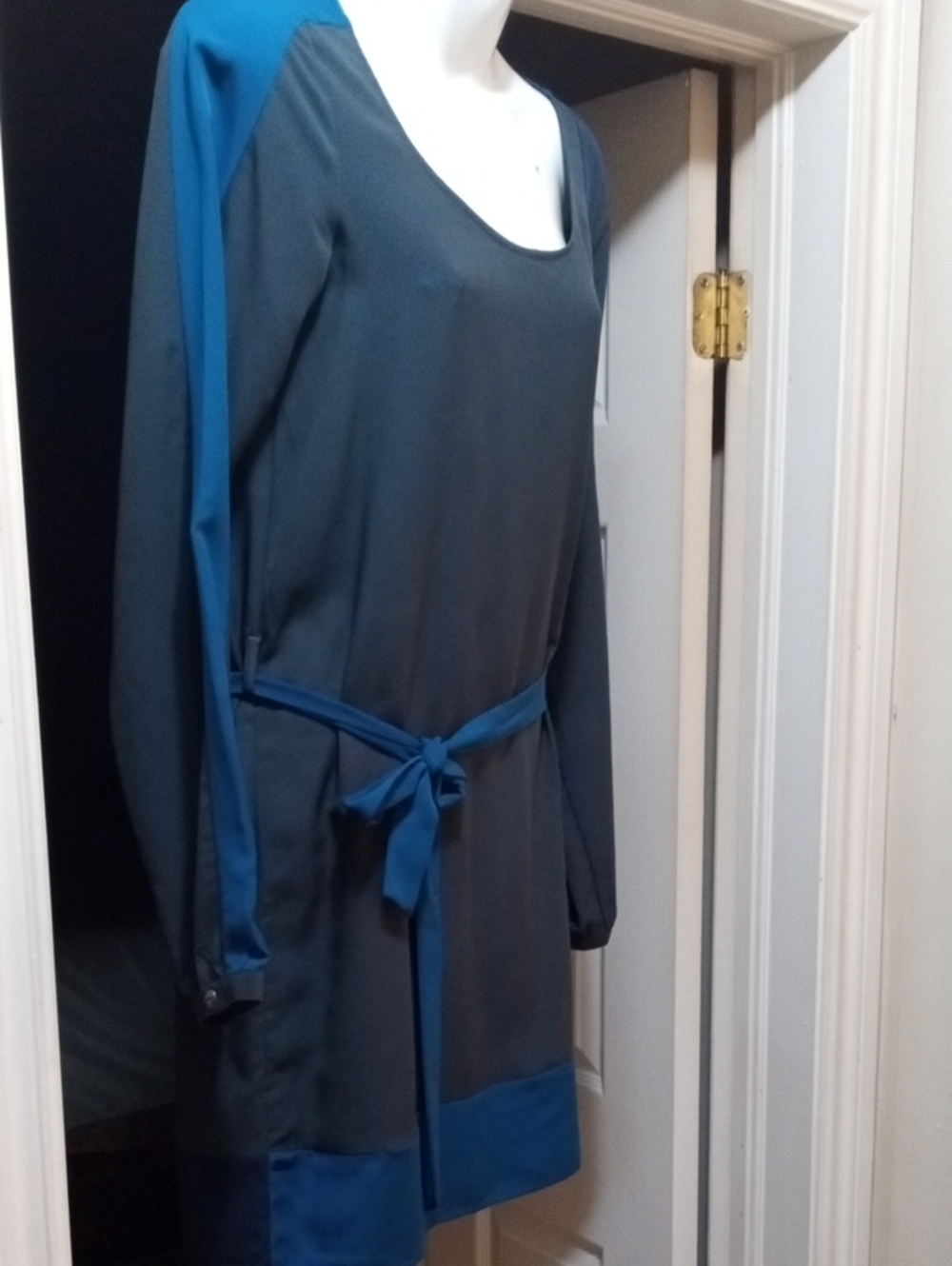 Charcoal Gray and Teal Navy Belted Long Sleeve Dress As New Light Material
